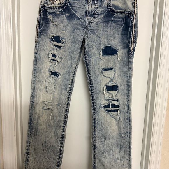 Men's Rock Revival Nardo Distressed Light Blue Jeans - Picture 2 of 5